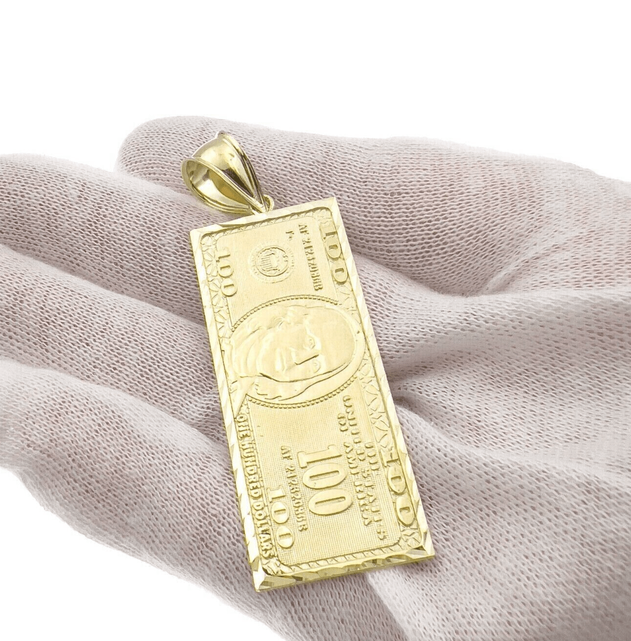 10k Yellow Gold Charm Pendant 100 Dollar Bill Mens REAL 10KT With FREE SHIPPING - Reva Jeweler