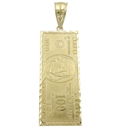 10k Yellow Gold Charm Pendant 100 Dollar Bill Mens REAL 10KT With FREE SHIPPING - Reva Jeweler