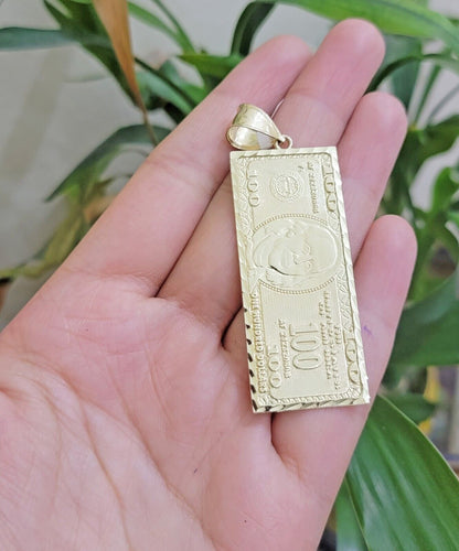 10k Yellow Gold Charm Pendant 100 Dollar Bill Mens REAL 10KT With FREE SHIPPING - Reva Jeweler