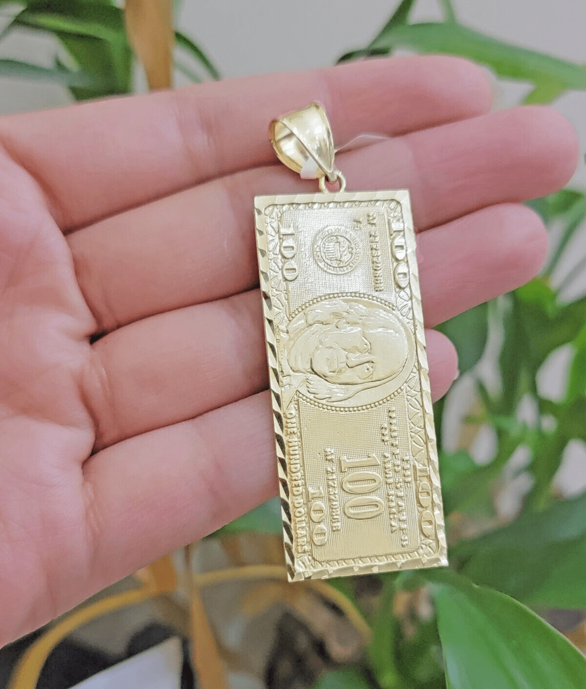 10k Yellow Gold Charm Pendant 100 Dollar Bill Mens REAL 10KT With FREE SHIPPING - Reva Jeweler