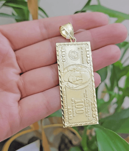 10k Yellow Gold Charm Pendant 100 Dollar Bill Mens REAL 10KT With FREE SHIPPING - Reva Jeweler