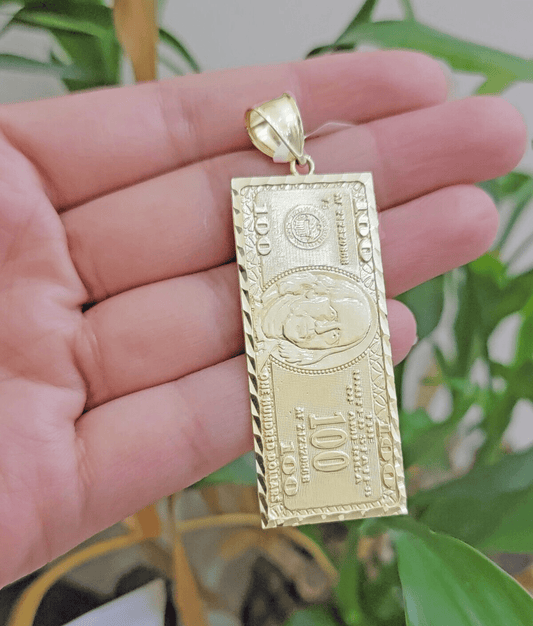 10k Yellow Gold Charm Pendant 100 Dollar Bill Mens REAL 10KT With FREE SHIPPING - Reva Jeweler