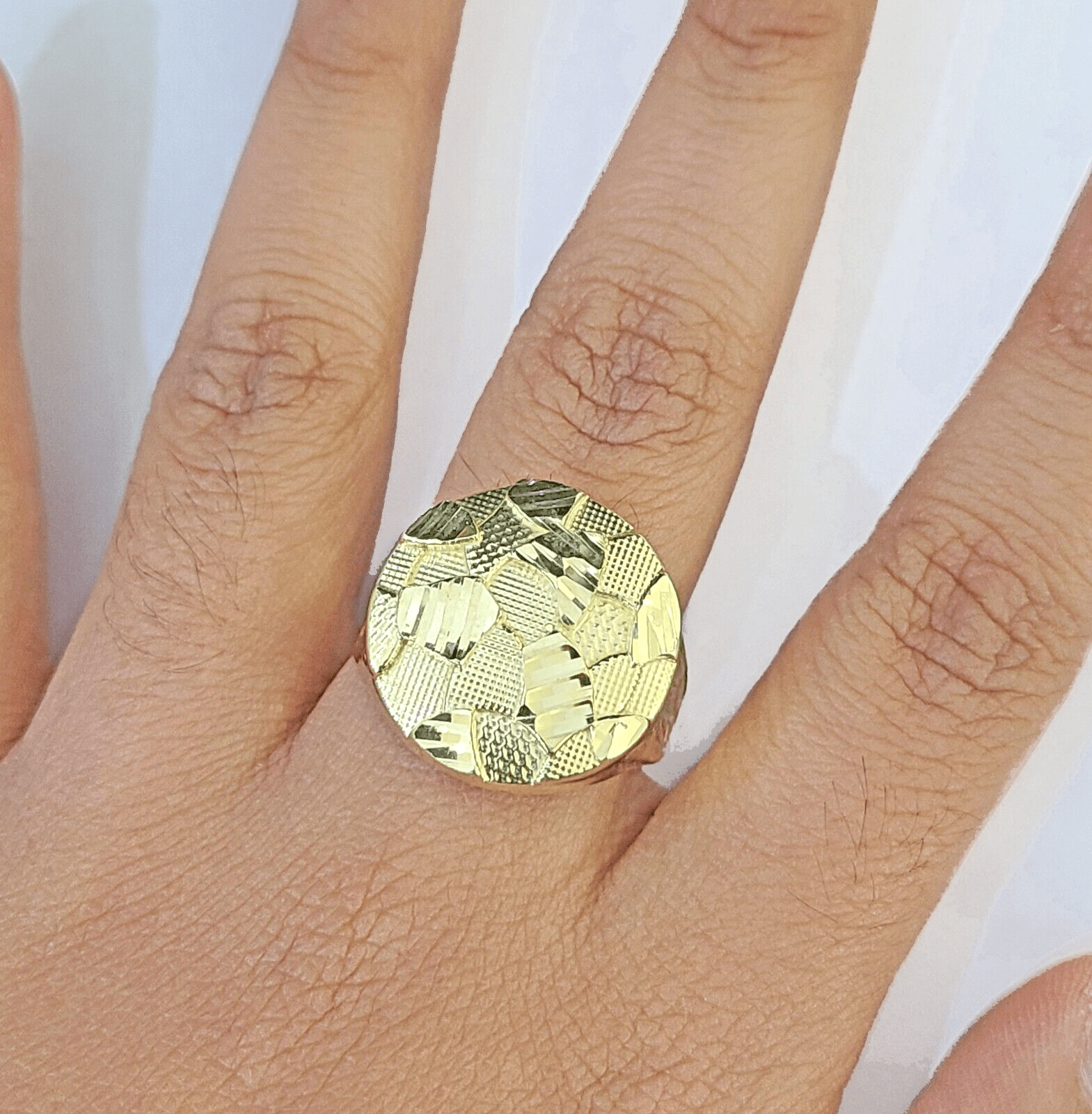 10k yellow Gold Circular Nugget Men Ring Real - Reva Jeweler