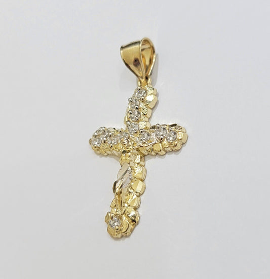 10k Yellow Gold Cross Charm pendant 1.5" With Cubic Zirconia Real 10KT Men Women - Reva Jeweler