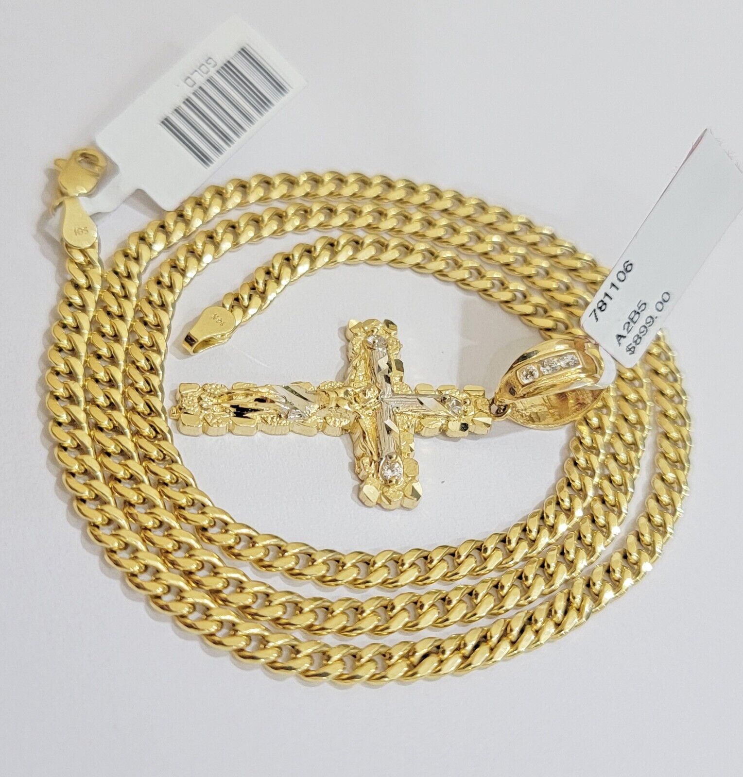 10k Yellow Gold Cross Charm Pendant 18 - 26" Miami Cuban Link Chain Necklace SET - Reva Jeweler