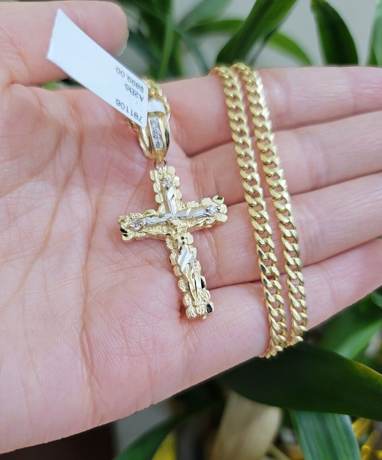 10k Yellow Gold Cross Charm Pendant 18 - 26" Miami Cuban Link Chain Necklace SET - Reva Jeweler