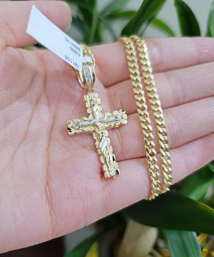 10k Yellow Gold Cross Charm Pendant 18 - 26" Miami Cuban Link Chain Necklace SET - Reva Jeweler