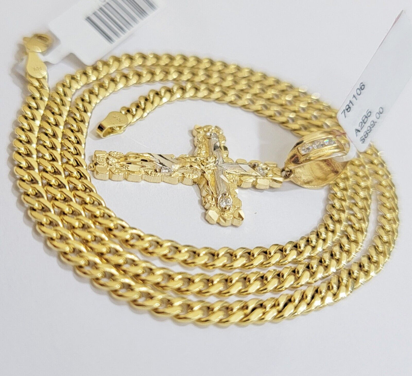10k Yellow Gold Cross Charm Pendant 18 - 26" Miami Cuban Link Chain Necklace SET - Reva Jeweler