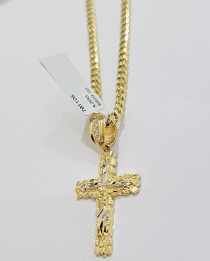 10k Yellow Gold Cross Charm Pendant 18 - 26" Miami Cuban Link Chain Necklace SET - Reva Jeweler