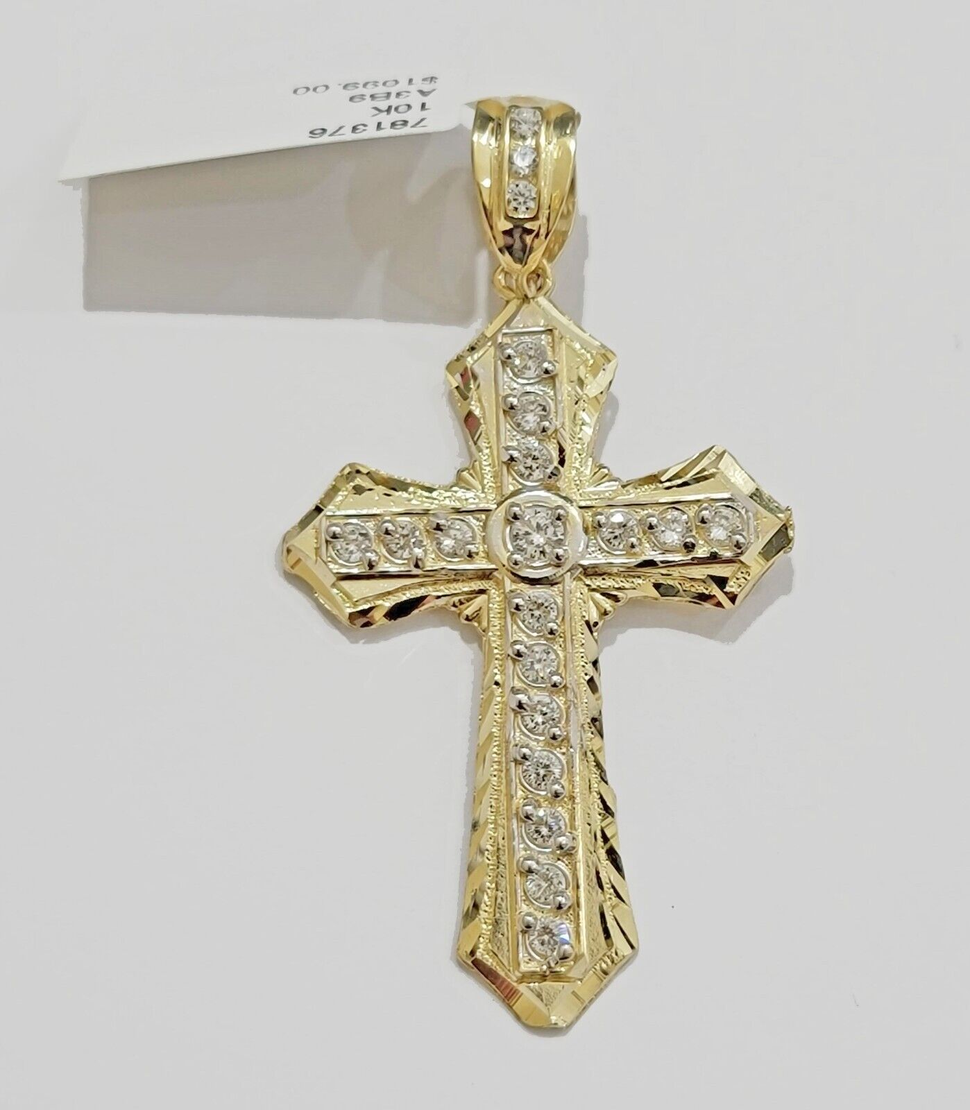 10k Yellow Gold Cross Charm pendant 2" Inch With Cubic Zirconia For Sale - Reva Jeweler