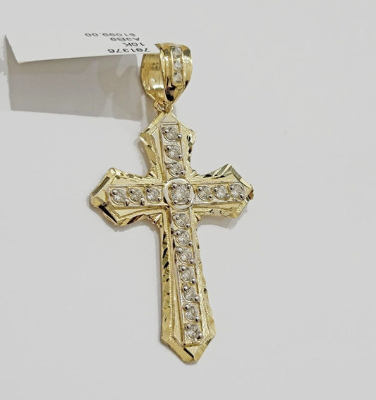 10k Yellow Gold Cross Charm pendant 2" Inch With Cubic Zirconia For Sale - Reva Jeweler