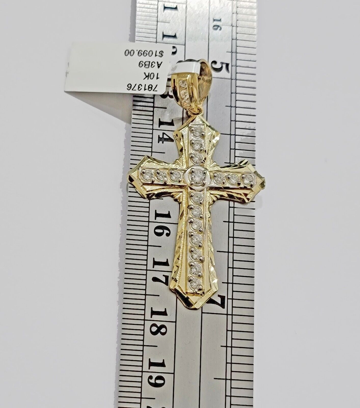 10k Yellow Gold Cross Charm pendant 2" Inch With Cubic Zirconia For Sale - Reva Jeweler