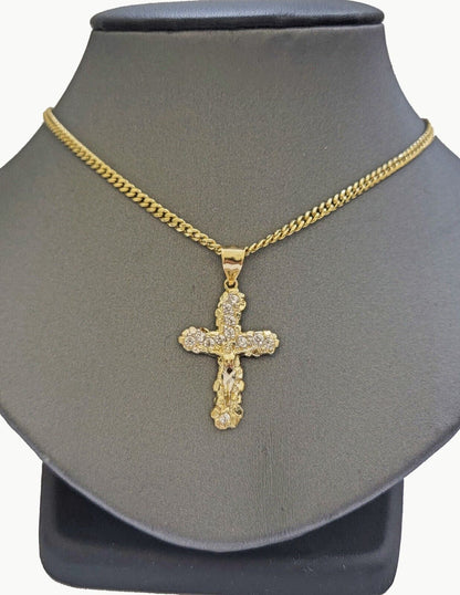10k Yellow Gold Cross Charm pendant & Miami cuban Link Chain Necklace 2.5mm 18" - Reva Jeweler