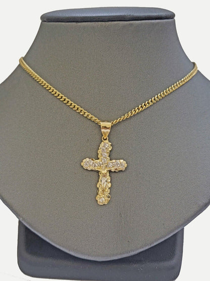 10k Yellow Gold Cross Charm pendant & Miami cuban Link Chain Necklace 2.5mm 18" - Reva Jeweler
