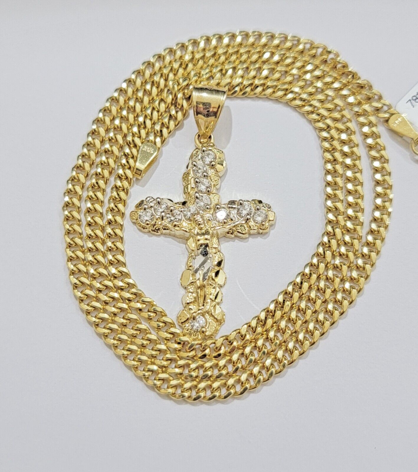 10k Yellow Gold Cross Charm pendant & Miami cuban Link Chain Necklace 2.5mm 18" - Reva Jeweler