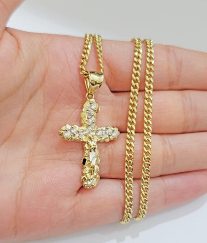 10k Yellow Gold Cross Charm pendant & Miami cuban Link Chain Necklace 2.5mm 18" - Reva Jeweler