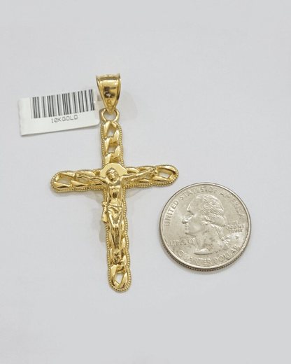 10K Yellow Gold Cross Pendant Mens Jesus Crucifix Charm 2.5 Inch For Thick Chain - Reva Jeweler