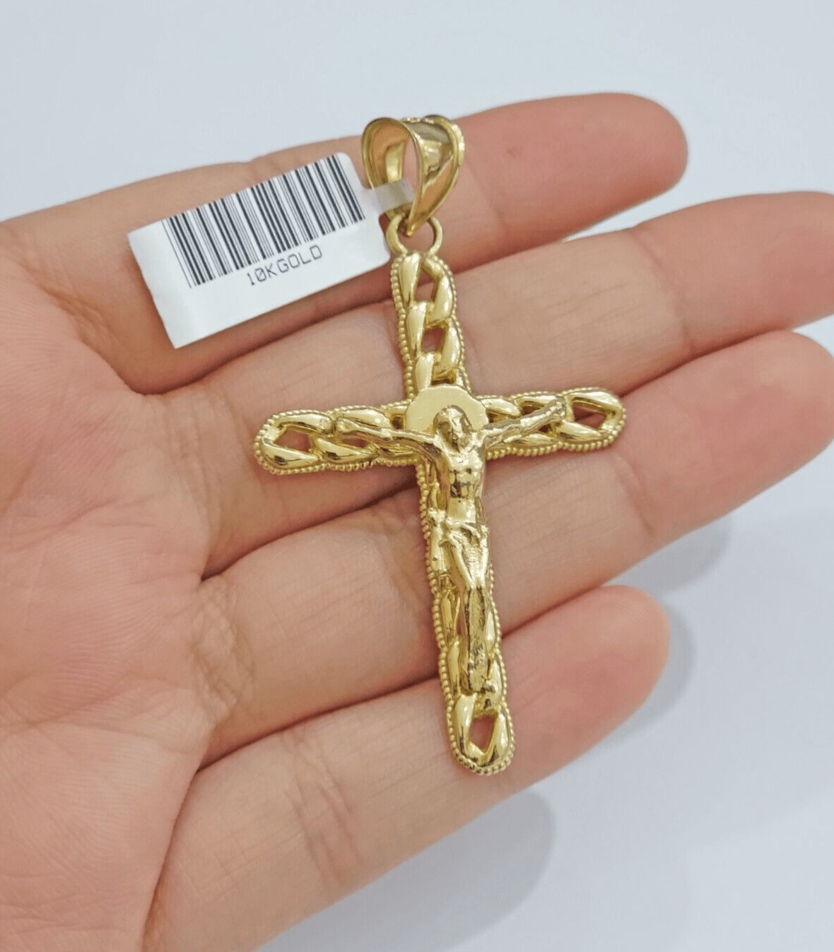 10K Yellow Gold Cross Pendant Mens Jesus Crucifix Charm 2.5 Inch For Thick Chain - Reva Jeweler