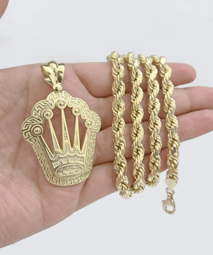 10k Yellow Gold Crown Charm Rope Chain 7mm 20'' Necklace Pendant 10kt Real SALE - Reva Jeweler