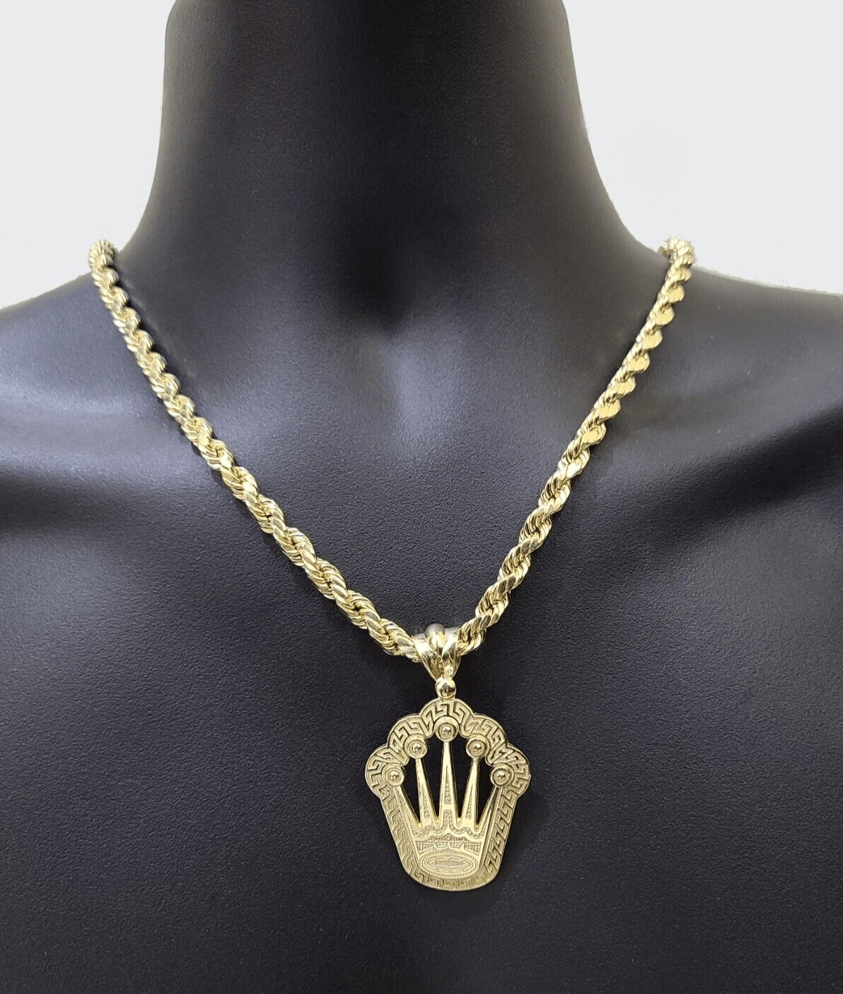 10k Yellow Gold Crown Charm Rope Chain 7mm 22'' Necklace Pendant 10kt Real SALE - Reva Jeweler