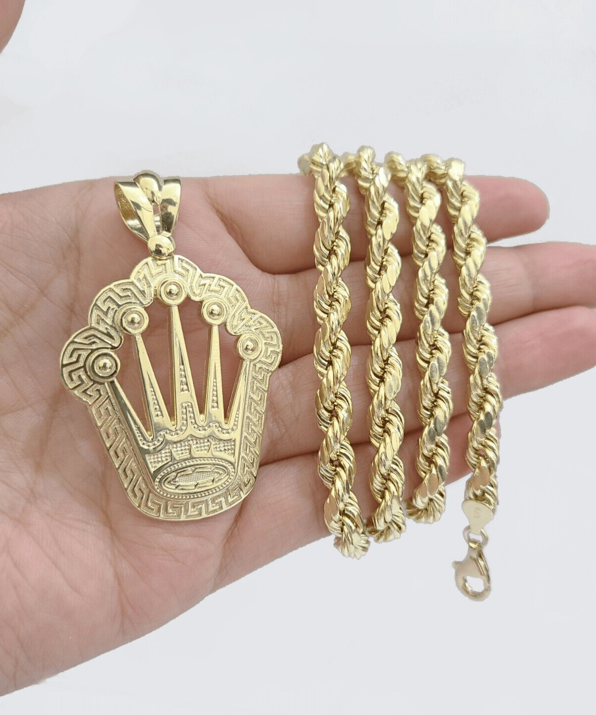 10k Yellow Gold Crown Charm Rope Chain 7mm 22'' Necklace Pendant 10kt Real SALE - Reva Jeweler