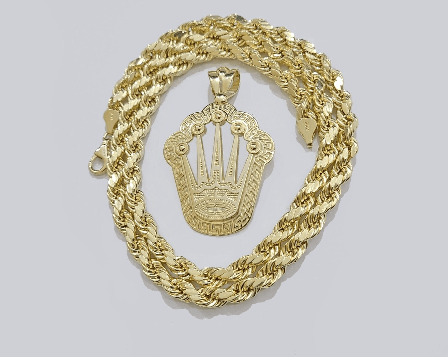 10k Yellow Gold Crown Charm Rope Chain 7mm 26'' Necklace Pendant 10kt Real SALE - Reva Jeweler