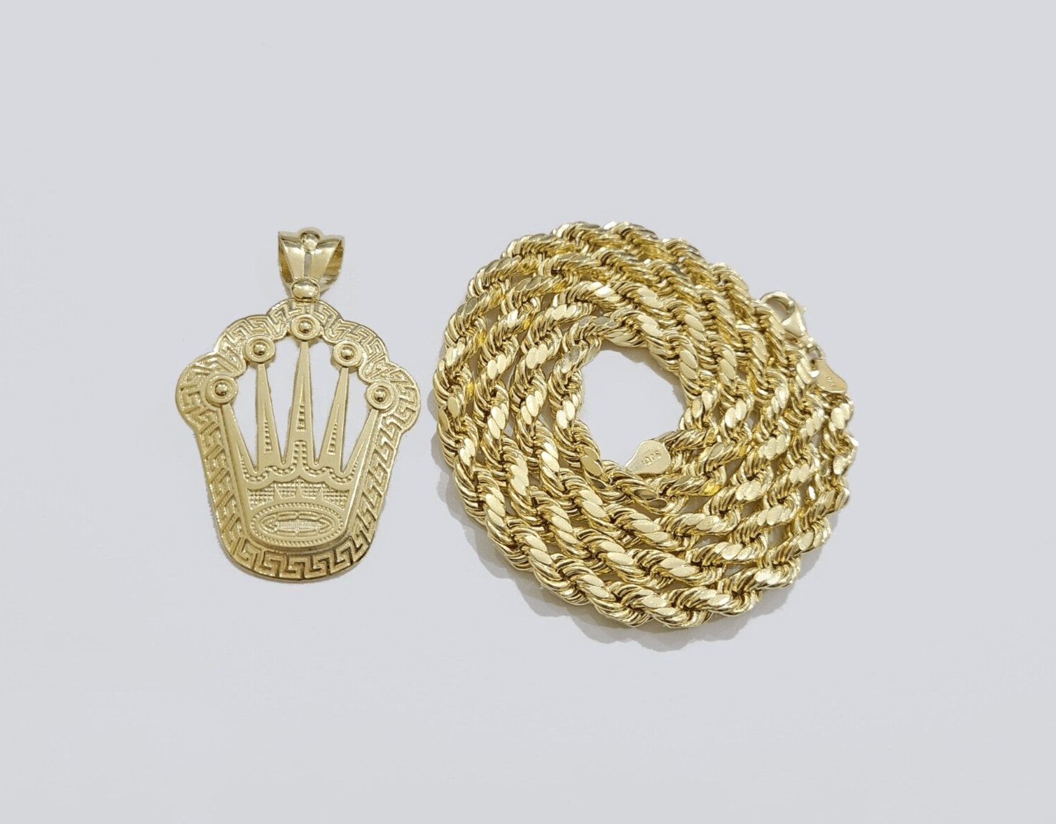 10k Yellow Gold Crown Charm Rope Chain 7mm 26'' Necklace Pendant 10kt Real SALE - Reva Jeweler