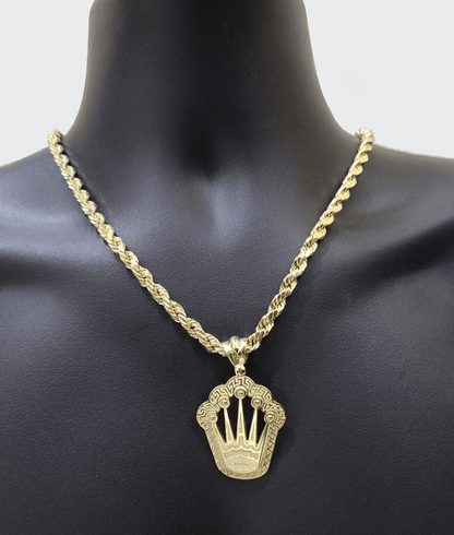 10k Yellow Gold Crown Charm Rope Chain 7mm 28'' Necklace Pendant 10kt Real SALE - Reva Jeweler