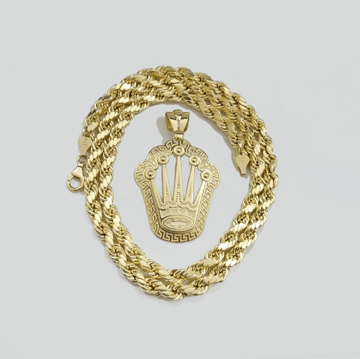 10k Yellow Gold Crown Charm Rope Chain 7mm 28'' Necklace Pendant 10kt Real SALE - Reva Jeweler
