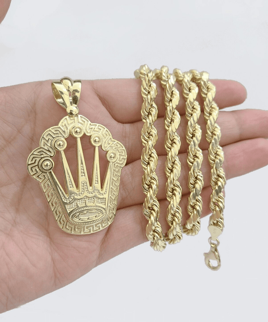 10k Yellow Gold Crown Charm Rope Chain 7mm 28'' Necklace Pendant 10kt Real SALE - Reva Jeweler
