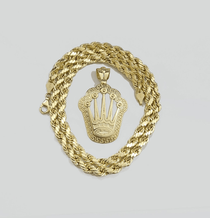 10k Yellow Gold Crown Charm Rope Chain Necklace 7mm 2'' Pendant 10kt Real SALE - Reva Jeweler