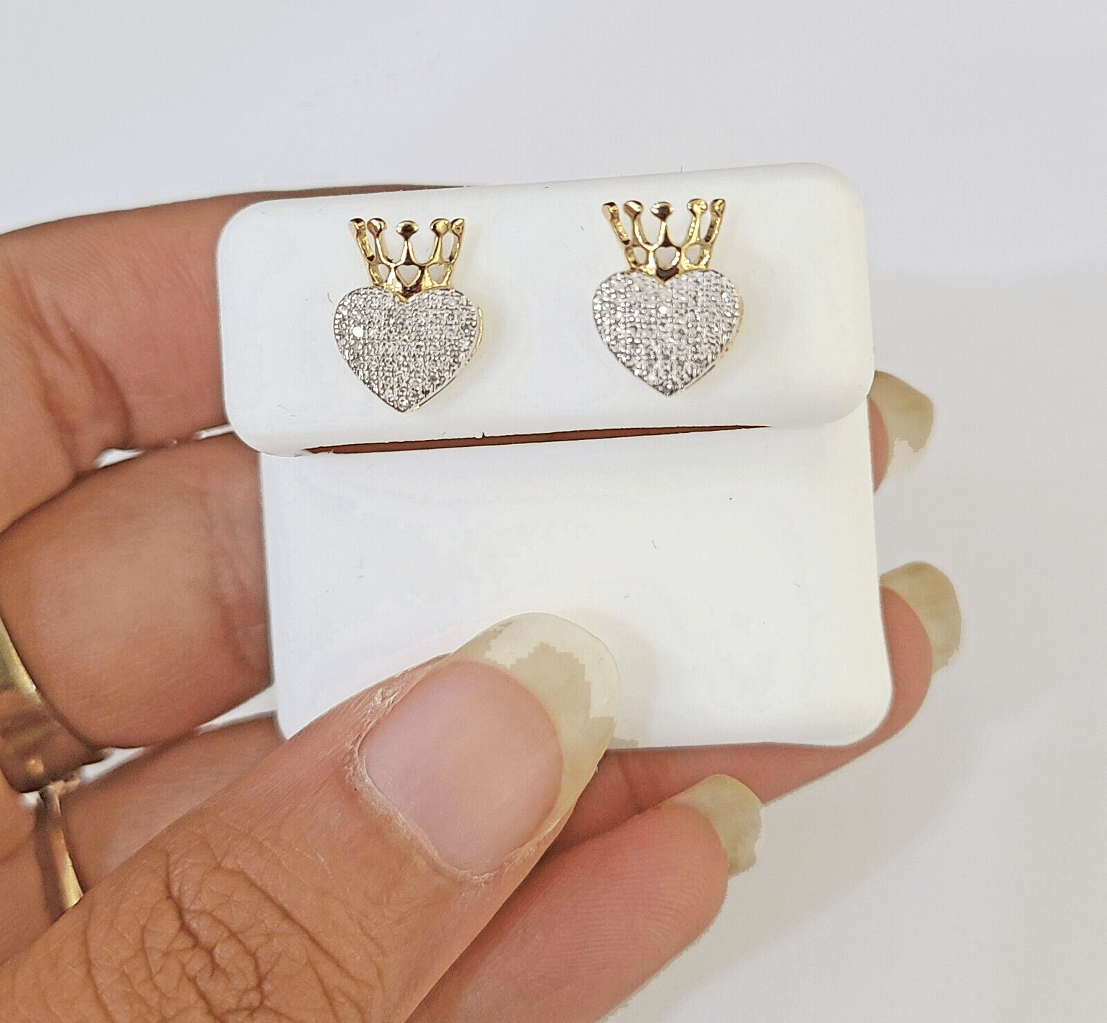 10k Yellow gold Crown Heart Earring Real Diamond screw - back Women Men studs - Reva Jeweler