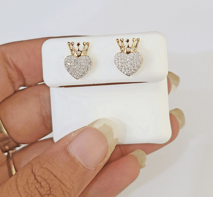 10k Yellow gold Crown Heart Earring Real Diamond screw - back Women Men studs - Reva Jeweler