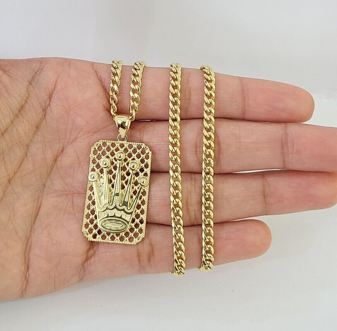 10K Yellow Gold Crown Pendent 4mm 18" 20" 22"24"26" Inch Miami Cuban Chain - Reva Jeweler