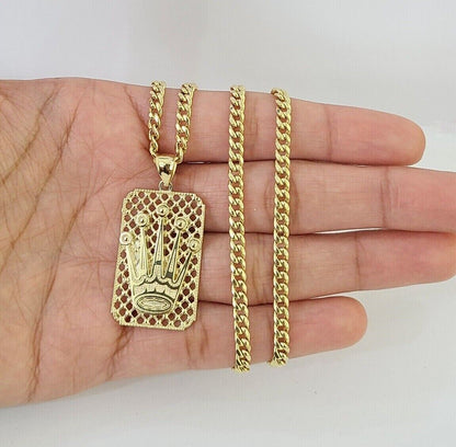 10K Yellow Gold Crown Pendent 4mm 18" 20" 22"24"26" Inch Miami Cuban Chain - Reva Jeweler