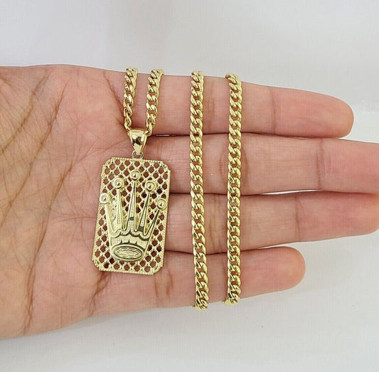 10K Yellow Gold Crown Pendent 4mm 18" 20" 22"24"26" Inch Miami Cuban Chain - Reva Jeweler