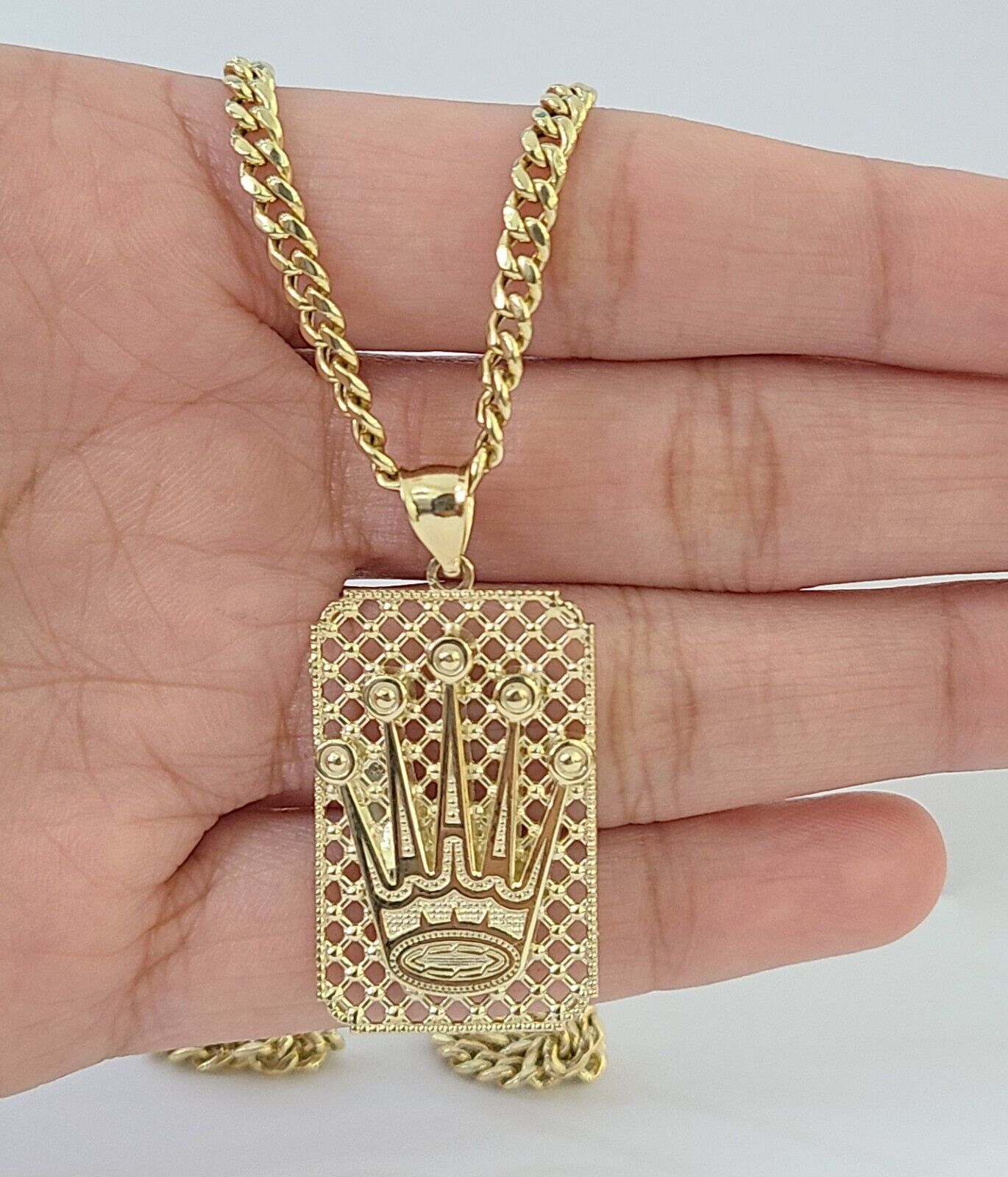 10K Yellow Gold Crown Pendent 4mm 18" 20" 22"24"26" Inch Miami Cuban Chain - Reva Jeweler