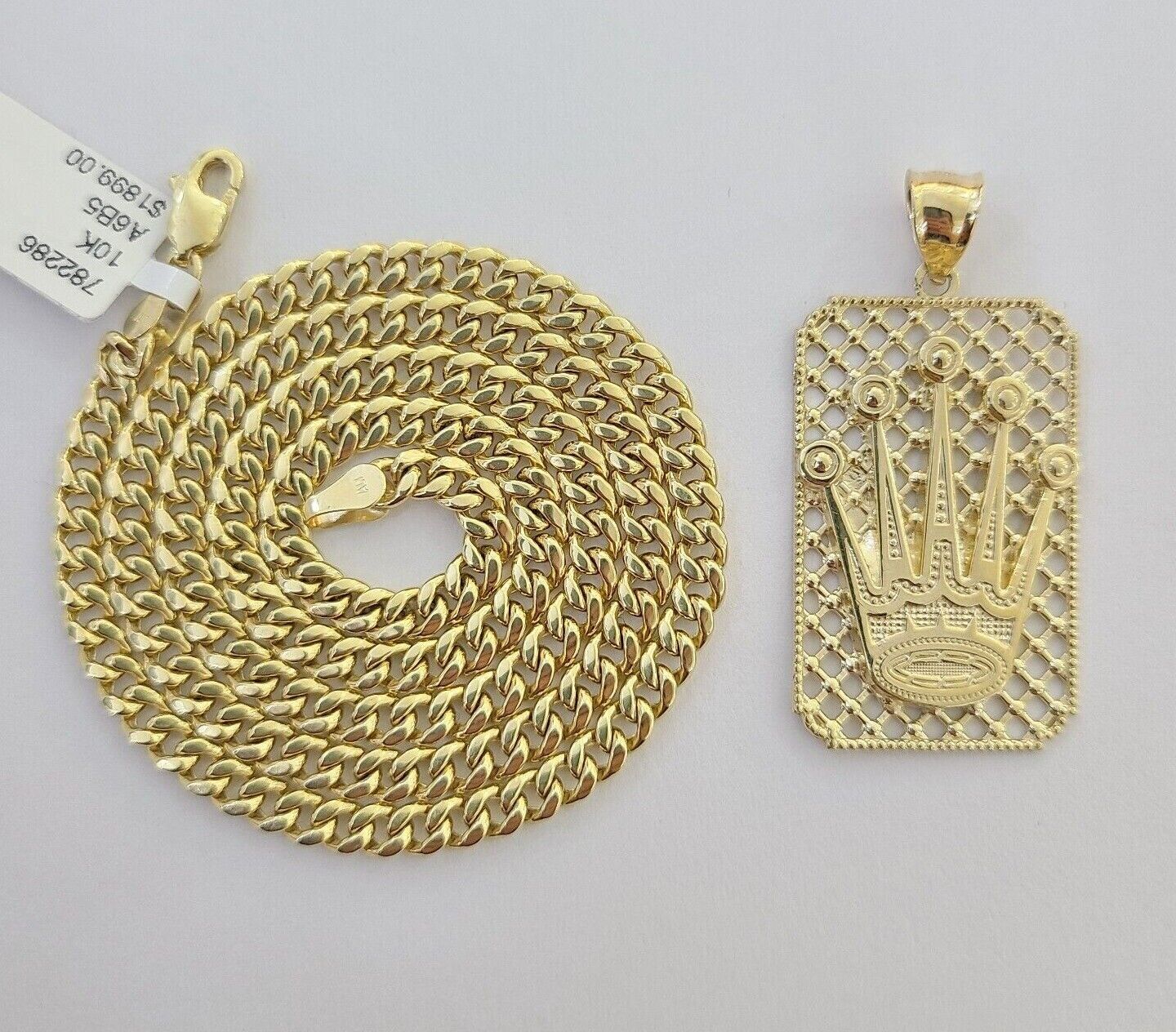 10K Yellow Gold Crown Pendent 4mm 18" 20" 22"24"26" Inch Miami Cuban Chain - Reva Jeweler