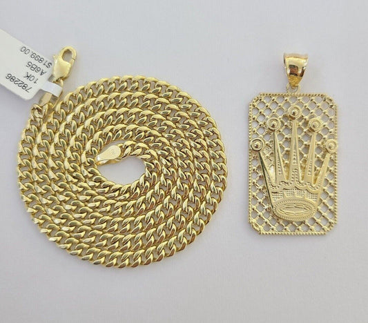 10K Yellow Gold Crown Pendent 4mm 18" 20" 22"24"26" Inch Miami Cuban Chain - Reva Jeweler