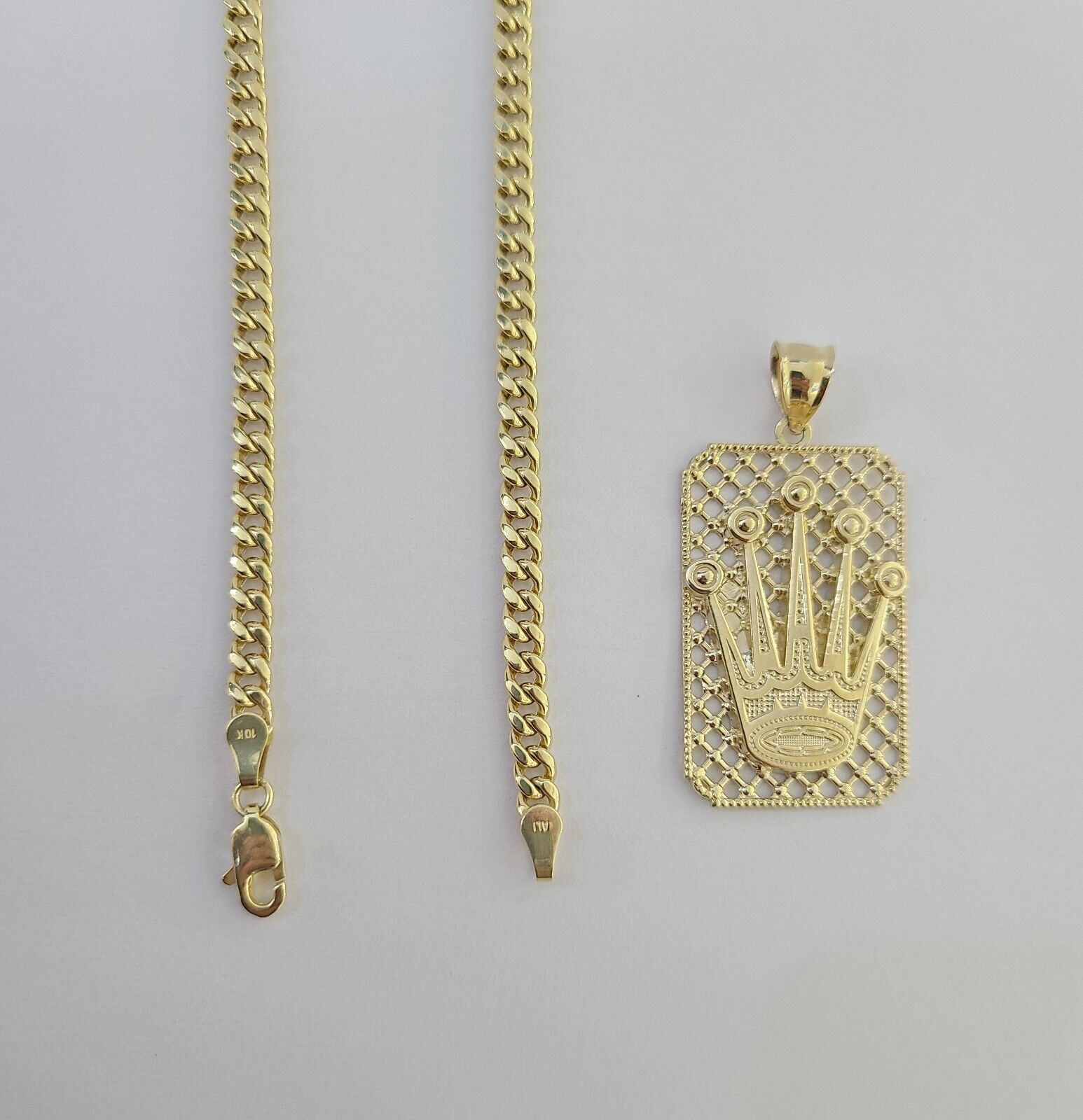 10K Yellow Gold Crown Pendent 4mm 18" 20" 22"24"26" Inch Miami Cuban Chain - Reva Jeweler