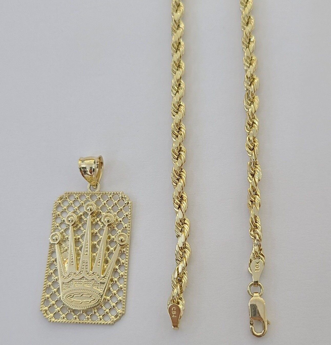 10K Yellow Gold Crown Pendent 4mm Rope Chain 18" 20" 22"24"26" Inch - Reva Jeweler