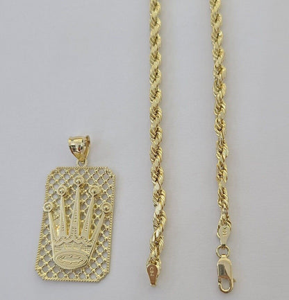 10K Yellow Gold Crown Pendent 4mm Rope Chain 18" 20" 22"24"26" Inch - Reva Jeweler