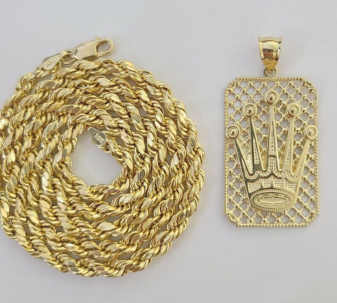 10K Yellow Gold Crown Pendent 4mm Rope Chain 18" 20" 22"24"26" Inch - Reva Jeweler