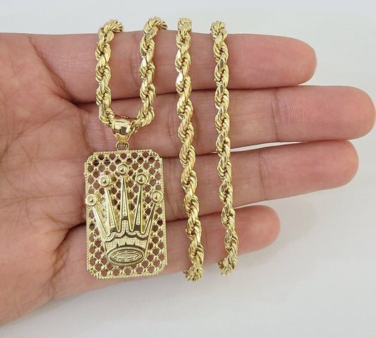 10K Yellow Gold Crown Pendent 4mm Rope Chain 18" 20" 22"24"26" Inch - Reva Jeweler