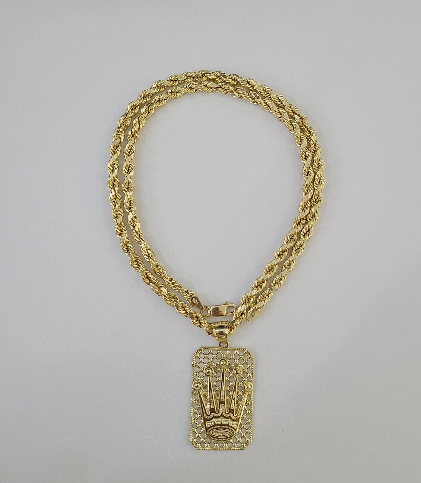 10K Yellow Gold Crown Pendent 4mm Rope Chain 18" 20" 22"24"26" Inch - Reva Jeweler