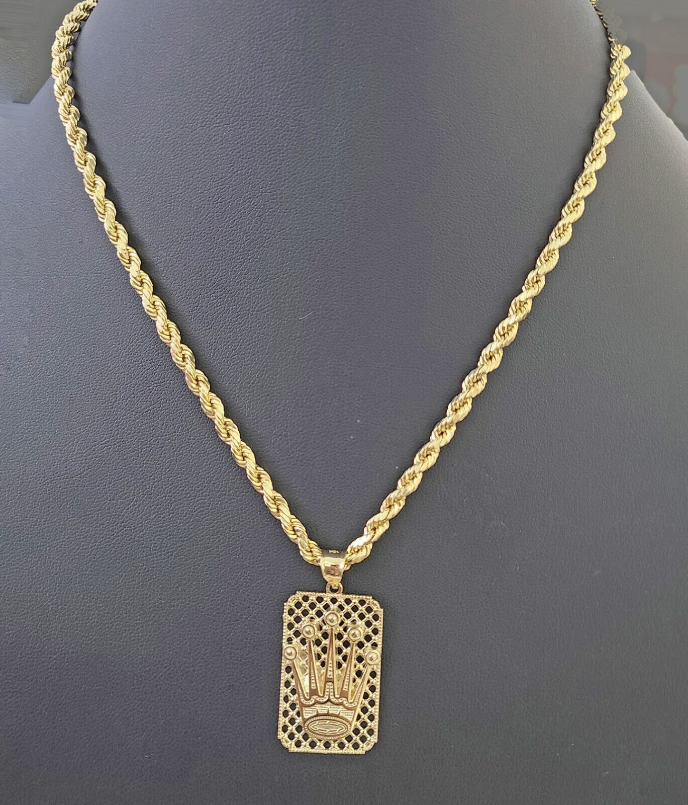 10K Yellow Gold Crown Pendent 4mm Rope Chain 18" 20" 22"24"26" Inch - Reva Jeweler