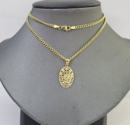 10K Yellow Gold Crown Pendent Charm 3mm Miami Cubn Chain 18" 20" 22" 24" 26"Inch - Reva Jeweler