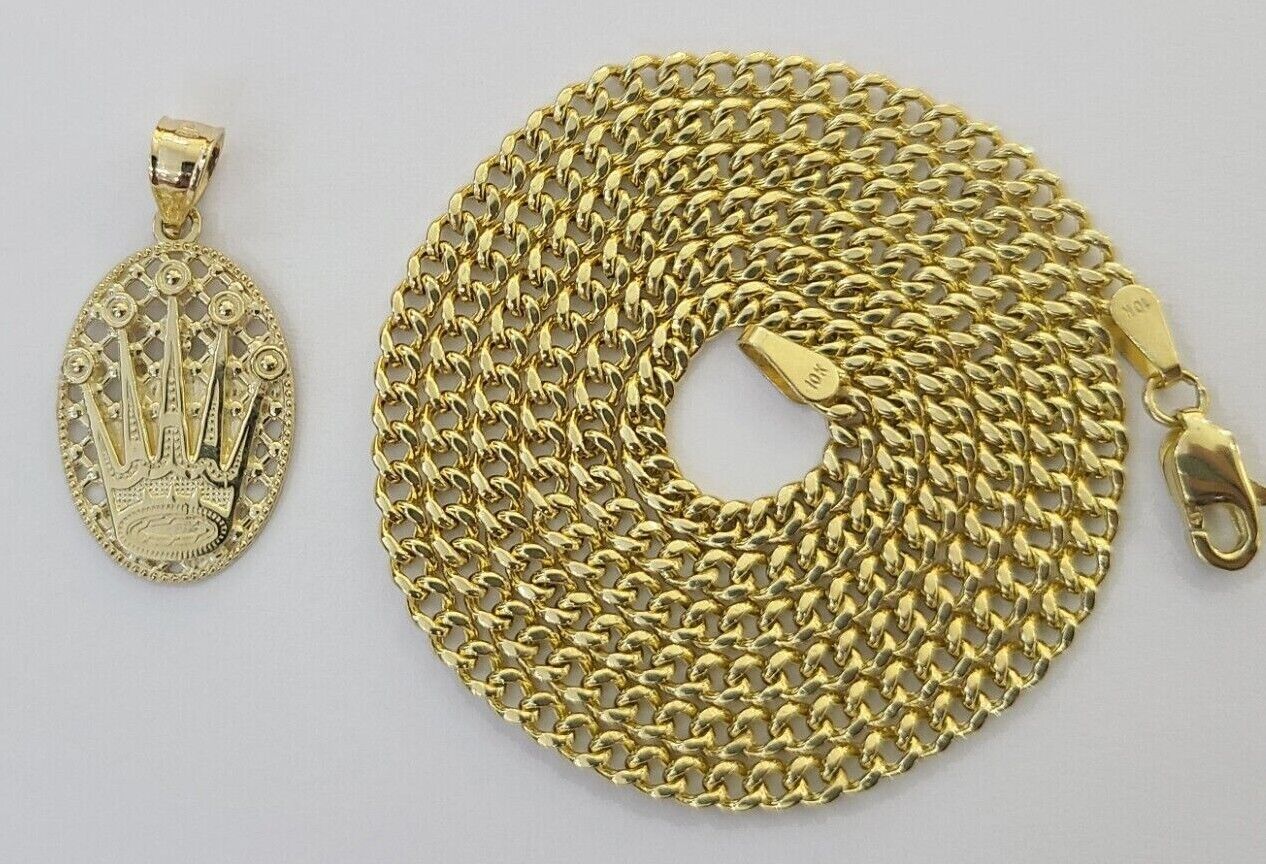 10K Yellow Gold Crown Pendent Charm 3mm Miami Cubn Chain 18" 20" 22" 24" 26"Inch - Reva Jeweler
