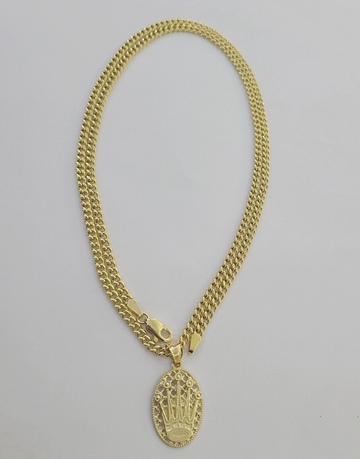 10K Yellow Gold Crown Pendent Charm 3mm Miami Cubn Chain 18" 20" 22" 24" 26"Inch - Reva Jeweler