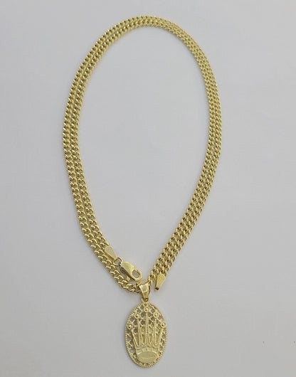 10K Yellow Gold Crown Pendent Charm 3mm Miami Cubn Chain 18" 20" 22" 24" 26"Inch - Reva Jeweler